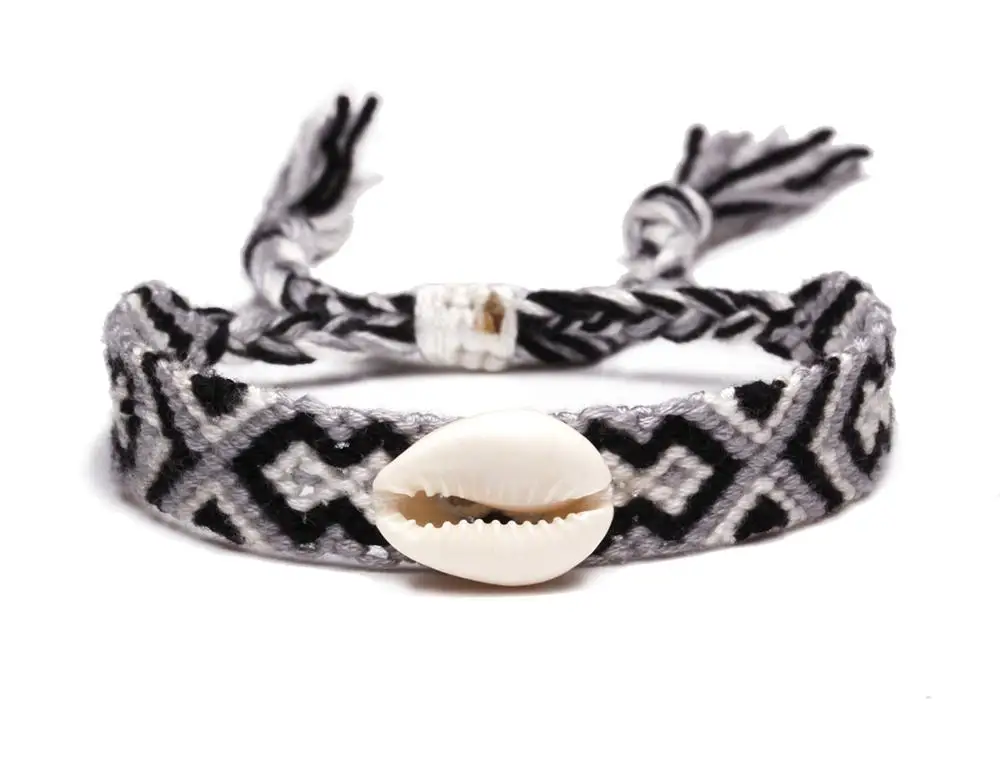 Boho Белый Натуральный Каури Seashell тканый браслет дружбы для женщин мужчин Разноцветные вышивка нить макраме пляж ювелирные изделия подарок - Окраска металла: Имитация родиевого покрытия