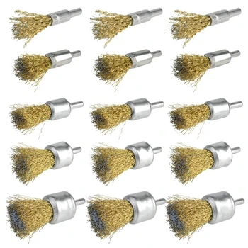 

15 Pack Wire Wheel Cup Brush Set with 1/4 Inch Round Shank, 5 Sizes Brass Coated Wire Drill Brush for Paint Removal Project/Corr