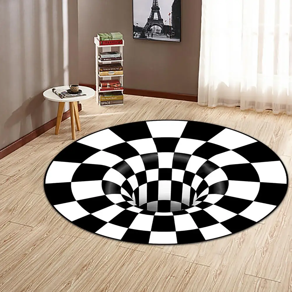 

Round 3D Vortex Illusion Rug Print Swirl Bottomless Hole Carpet White Black Geometric Optical Floor Mat Living Room Decor Pad