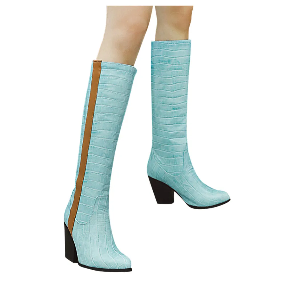 Casual PU Leather Snow Booties Women‘s Shoes Pointed-Toe Stone Pattern Square High Boots Fashion High-Tube Boot Botas Mujer