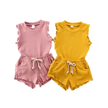 

2020 Summer Casual Comfortable Infant Baby Clothes 2Pcs Ruffled Vest Shorts 100% Cotton Newborn Suit