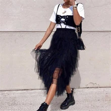 Women Double Layers Tulle Pleated Long Maxi Skirt Elastic Waist Skirt High Waist Ladies Skirts Casual Womens Skirts