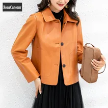 

Genuine Leather Biker Jacket 2022 Autumn New Sheepskin Concise Elegant Fashion Korean Womens Short Casual Loose Outerwear