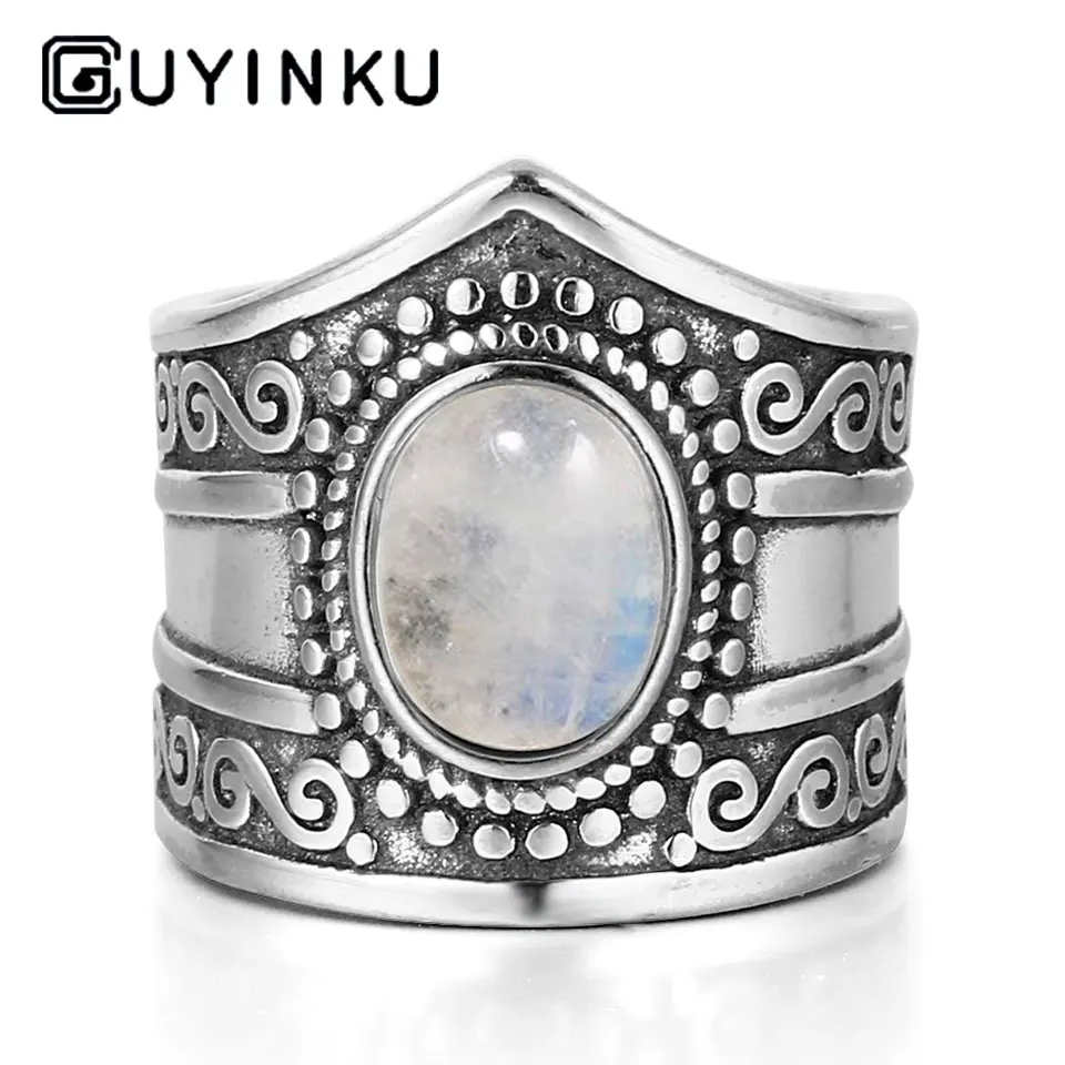 Moonstone GUYINKU натуральные ювелирные изделия из лунного камня, твердые 925 пробы серебряные кольца с драгоценными камнями для женщин и мужчин, парные кольца для влюбленных, подарки на юбилей - Цвет камня: Moonstone