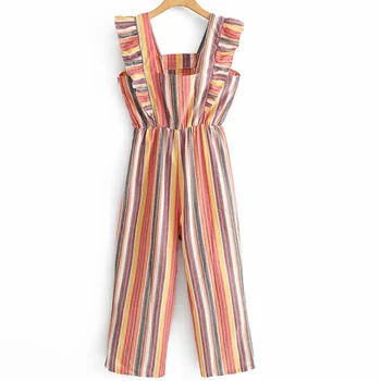 

2020 Spring Women's Striped Jumpsuit Sleeveless Women's New V Collar Wide Leg Pants Set High Waist Slim Nine Points Rompers