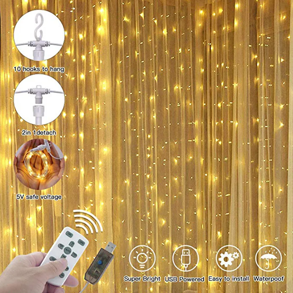 

LEDGLE 3X3M Christmas Garlands LED String IP67 Net Lights Fairy Xmas Party Garden Wedding Decoration Curtain Lights with Remote