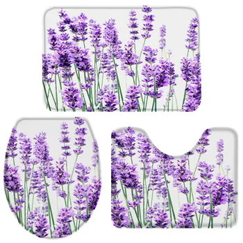 

3 Pieces Bathroom Set Lavender Plant Flowers Durable Bath Set Toilet Cover Mat Pedestal Rug Non-Slip Bathroom Rug Set