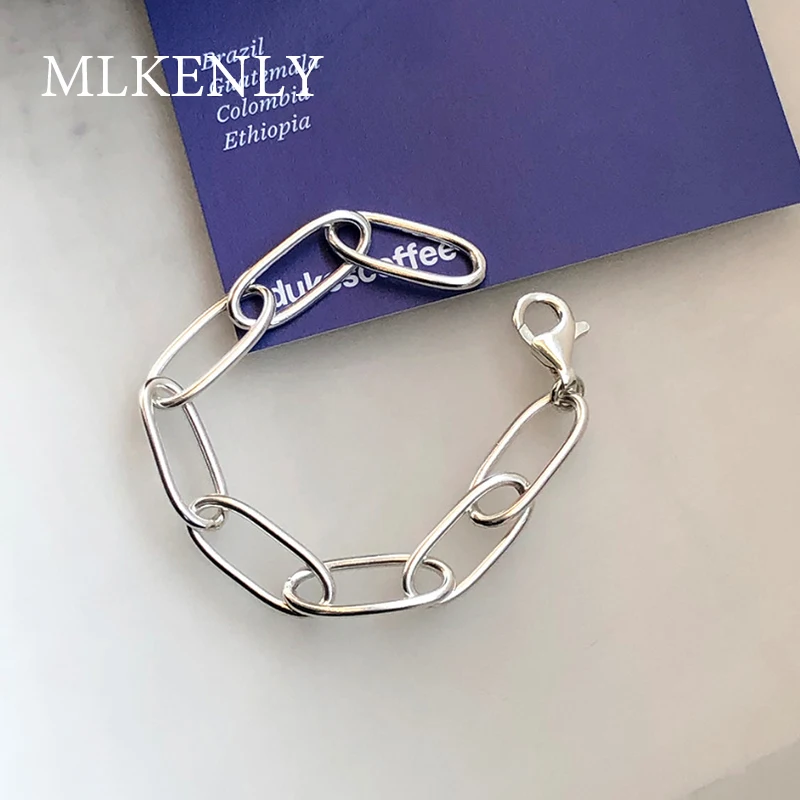 MLKENLY, серебро 925 пробы, простой дизайн, тяжелая промышленность, большой круг, INS, пряжка, цепочка, звено, браслет для женщин, панк, вечерние