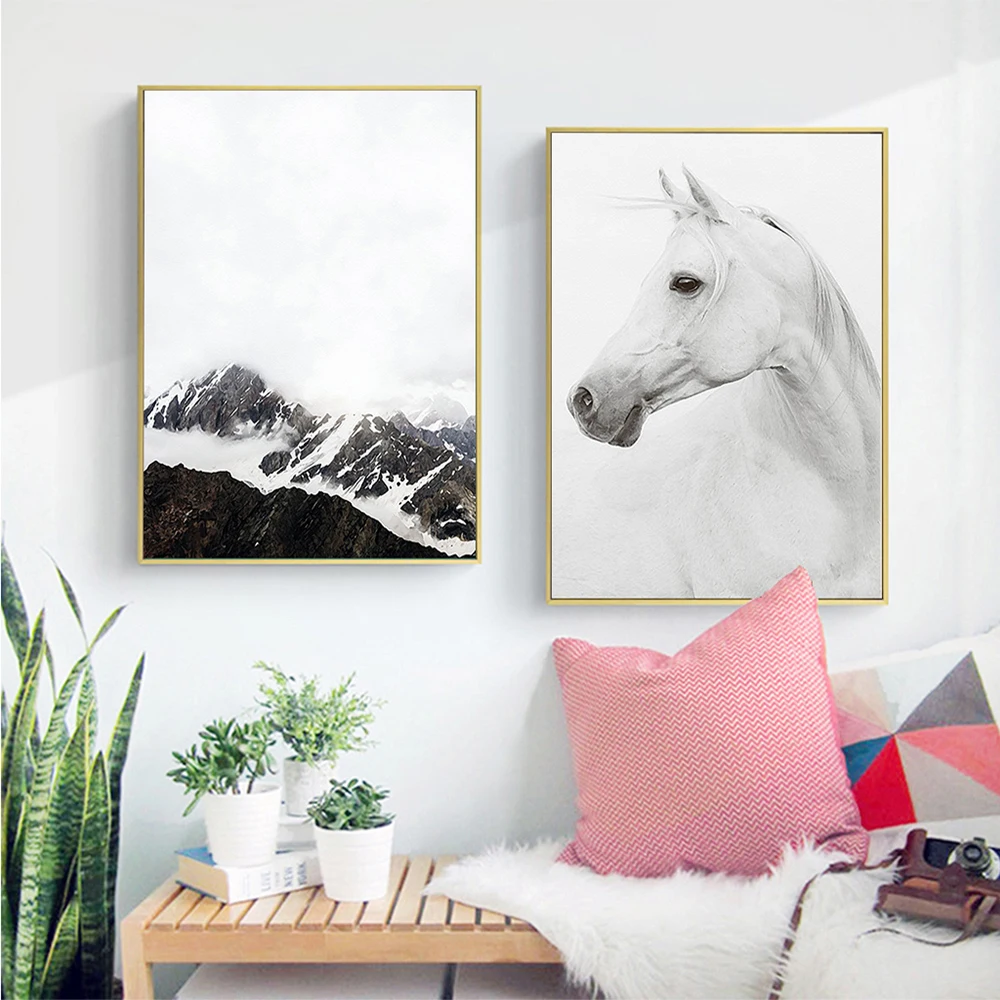 Скандинавские узоры, Белая лошадь, природные пейзажи, Настенная картина для гостиной, современный декор