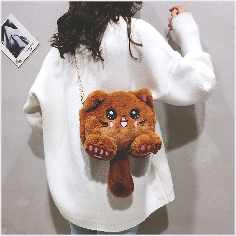 New Chain Crossbody Bag Women Cute Plush Cat Shoulder Female Casual Cartoon Zipper Soft Fake Fur Mini Messenger Bags XB50015 | Багаж и