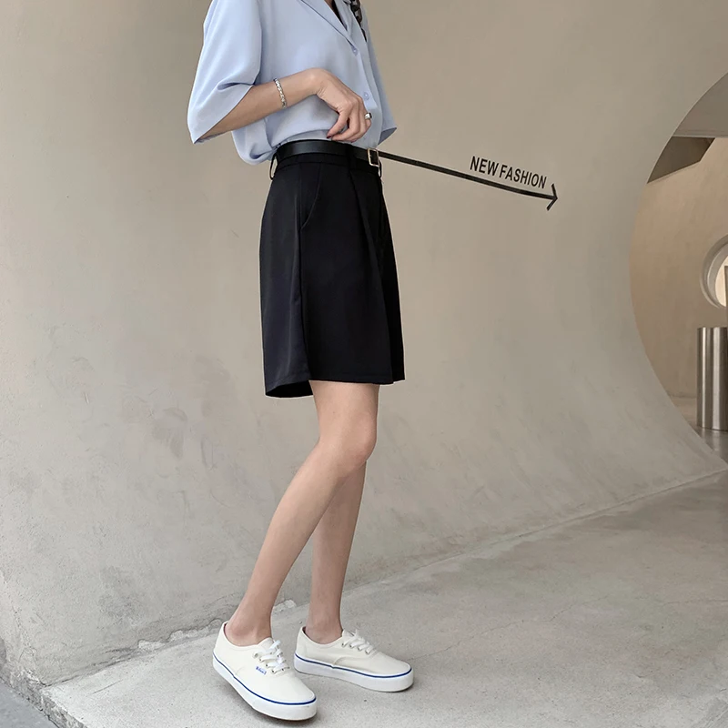 Suit Shorts 2021 Summer New Loose Casual High Waist Slim Wide Leg Shorts Girls Streetwear Sets Shorts Solid Black Pant