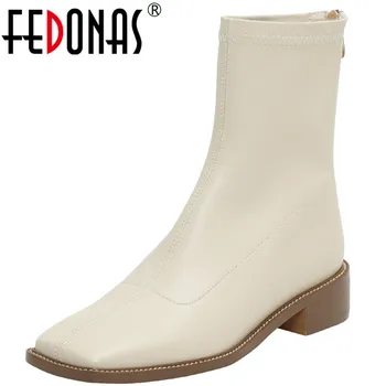 

FEDONAS Genuine Leather Chelsea Boots Back Zipper Square Toe High Heels Shoes Woman 2020 Fall Winter Wedding Party Ankle Boots