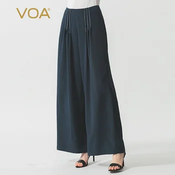 

VOA 36mmi tibetan blue heavy-duty Silk three-dimensional fold dark blue tuck line collage micro-bullet wide leg pants