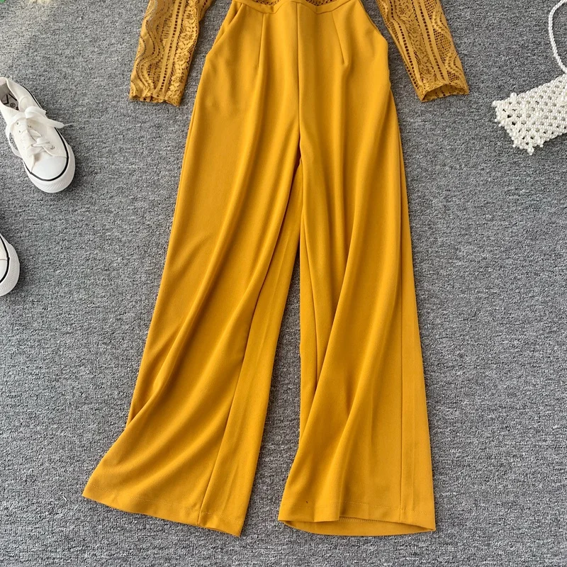 Autumn Fashion Sexy Lace Hollow Stitching Wide-legged High Waist Long Sleeve Jumpsuits Women Solid Color Elegant Overalls J897