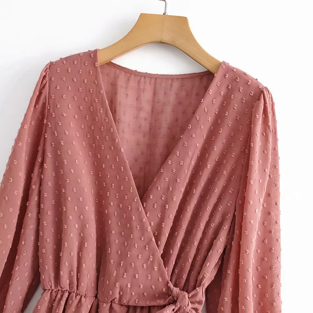 Baratos Mono elegante Vintage de chifón atado con lazo punteado para mujer 2019 moda cuello en V manga larga cintura elástica Mujer Chic
