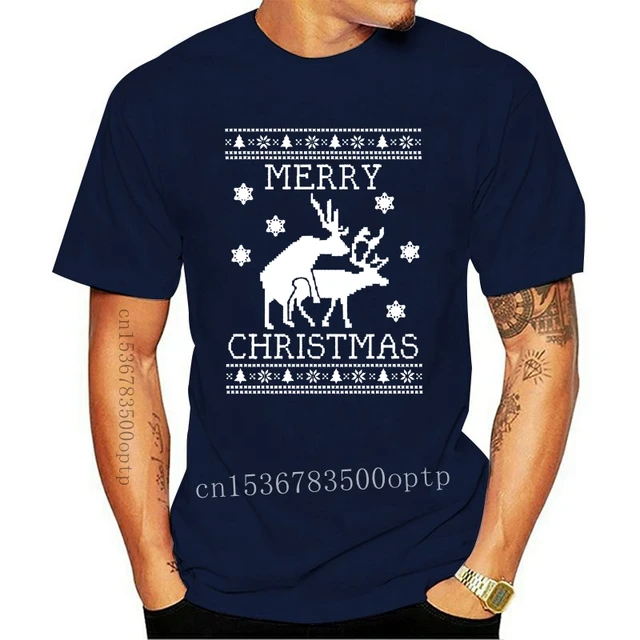 New 2021 Cotton Reindeer Humping Ugly Christmas Sweater T-Shirt Merry Xmas Party Present Gift Short-Sleeve T-Shirt blueMen