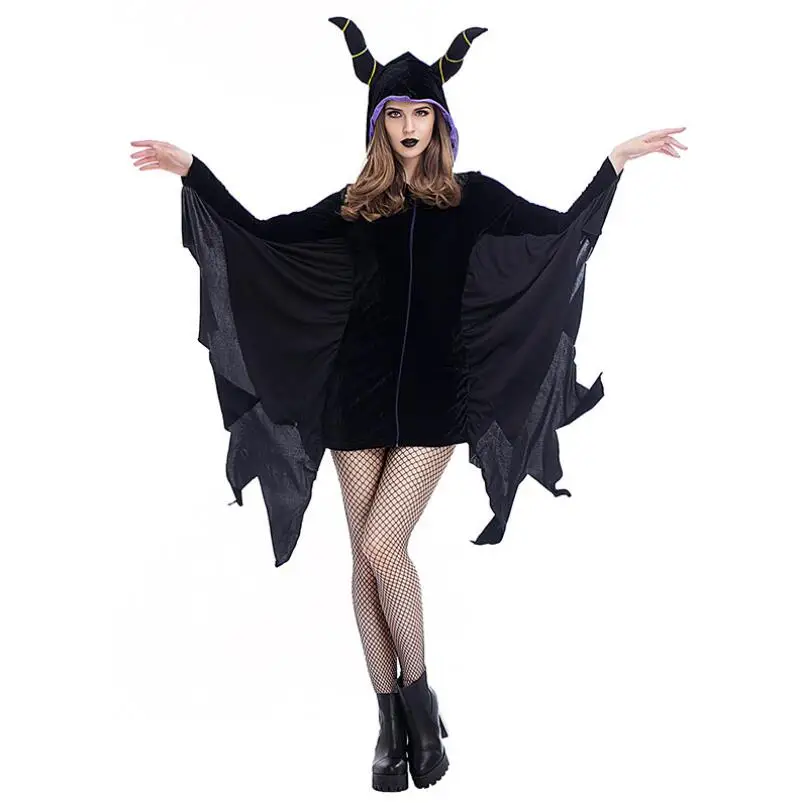 

Adult Women Black Evil Vampire Witch Costume Zipper Connect Wings Sleeping Beauty Curse Witchcraft Clothes Halloween Costumes