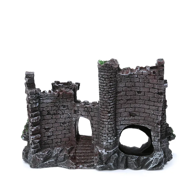 Najtaniej Żywica sztuczne ryby dekoracje zbiornika starożytny zamek krajobrazu do akwarium Rock Cave dekoracja budynek akwarium Accessorie