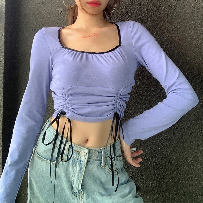 

Womenâ€™s Square Neck Long Sleeve Drawstring Solid Color Crop Top Slim Fit Clothes long sleeve young fall winter 2020