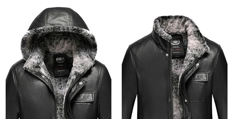 Новинка, мужское зимнее кожаное пальто, мужская куртка с капюшоном, кожаная зимняя куртка, теплая подкладка из искусственного меха кролика, Мужское пальто из искусственного меха