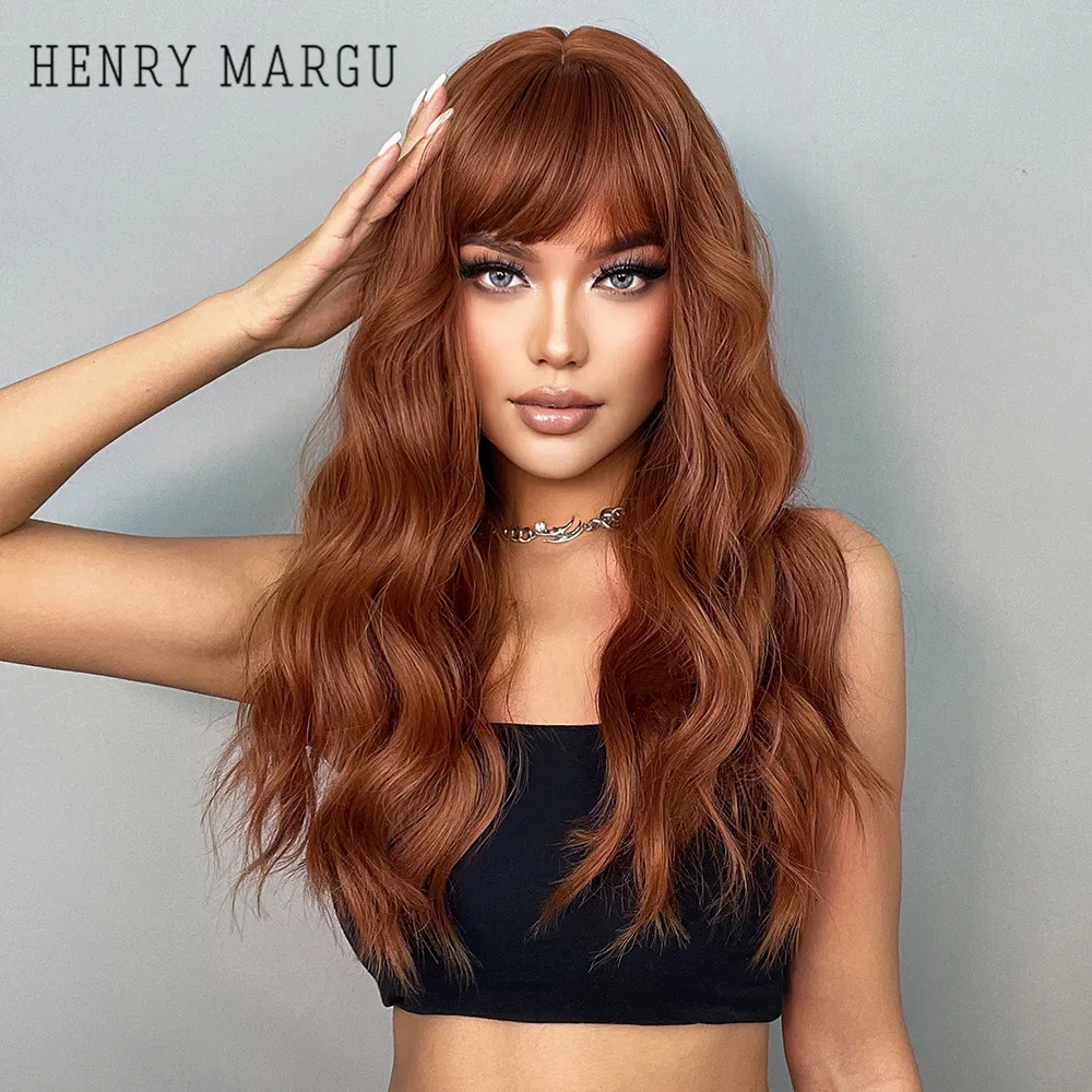 HENRY MARGU Long Wavy Auburn Red Synthetic Wigs with Bangs Kinky Curly Natural Hairs for Daily Cosplay Party Heat Resistant Wigs