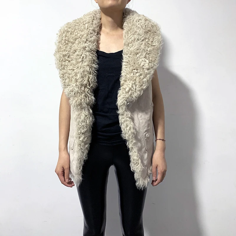 

rf1992 Pigskin High Street Sleeveless Genuine Leather Vest with Real Sheep Fur Woman's Real Leather Motorcycle Waistcoat
