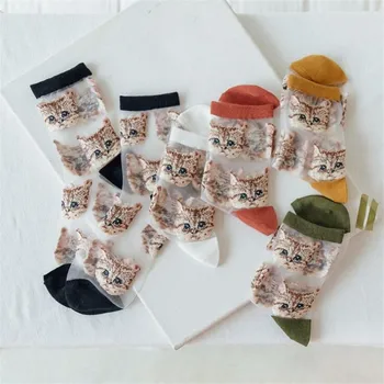 

New Cute Cat Embroidery Women Socks Funny Summer Fashion Transparent Ultra Thin Lace Silk Crystal Socks Short Female Kawaii Sox