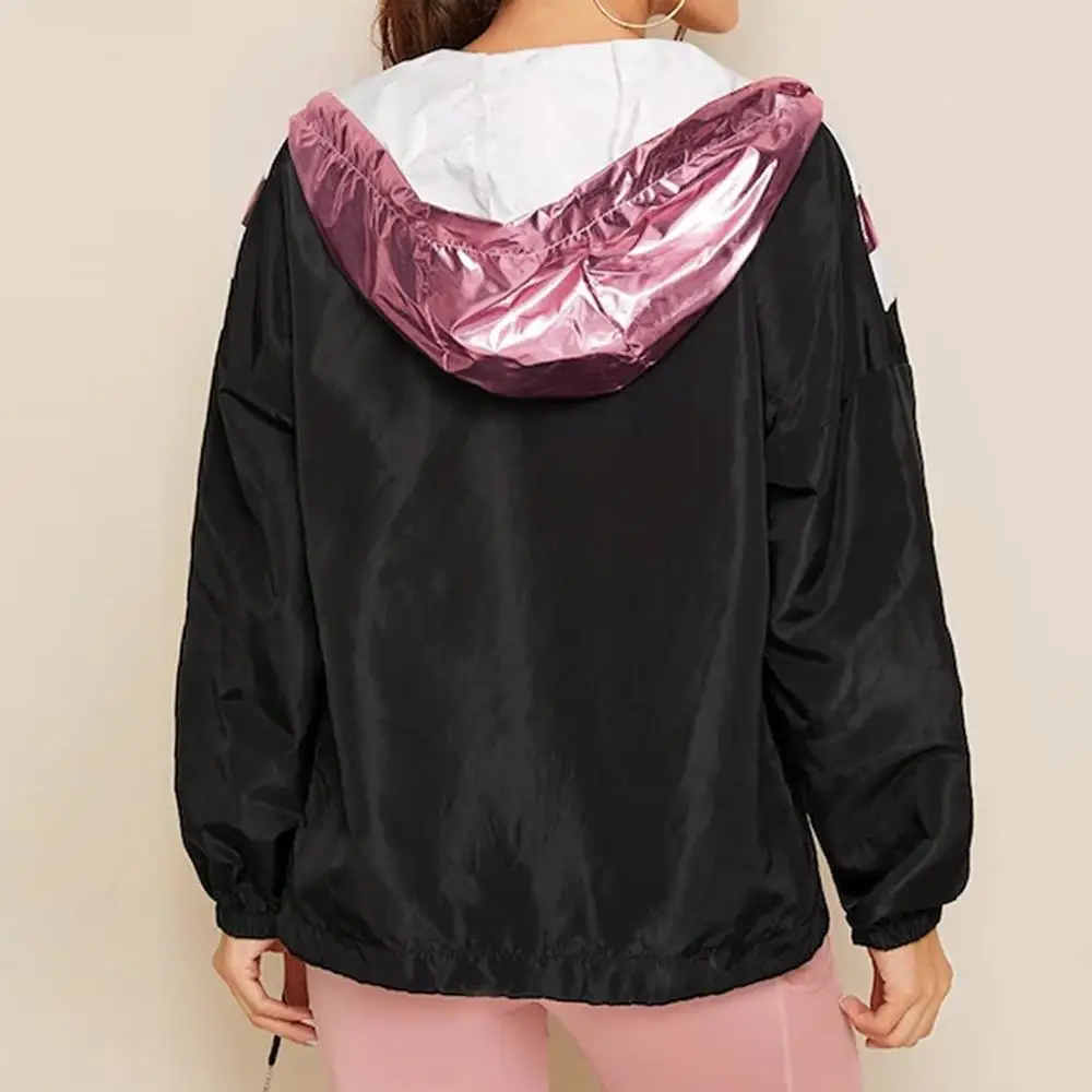 Fashion Women Casual Jacket Autumn Long Sleeve Color Block Zipper Thin Hooded Sport Coat Outdoor Sport Jacket Streetwear
