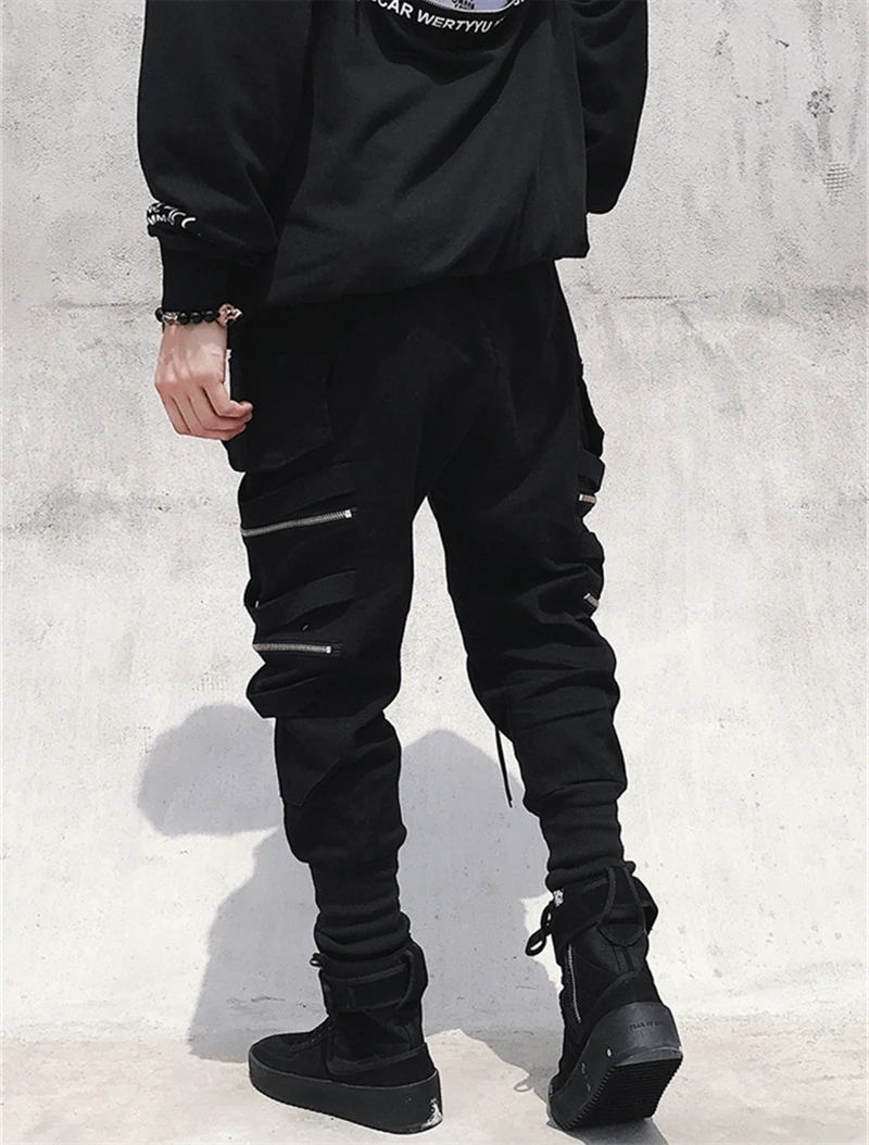 2022 Joggers Cargo Pants for Men Casual Hip Hop Zippers Pocket Male Trousers Sweatpants Autumn Streetwear Ribbons Techwear Pants black cargo trousers