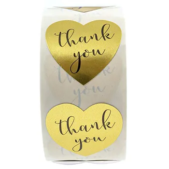 

2pcs/set Heart Shape Golden Paper Label Stickers 500pcs/roll Thank You Sticker Take-out Shop Business Packaging Sticker
