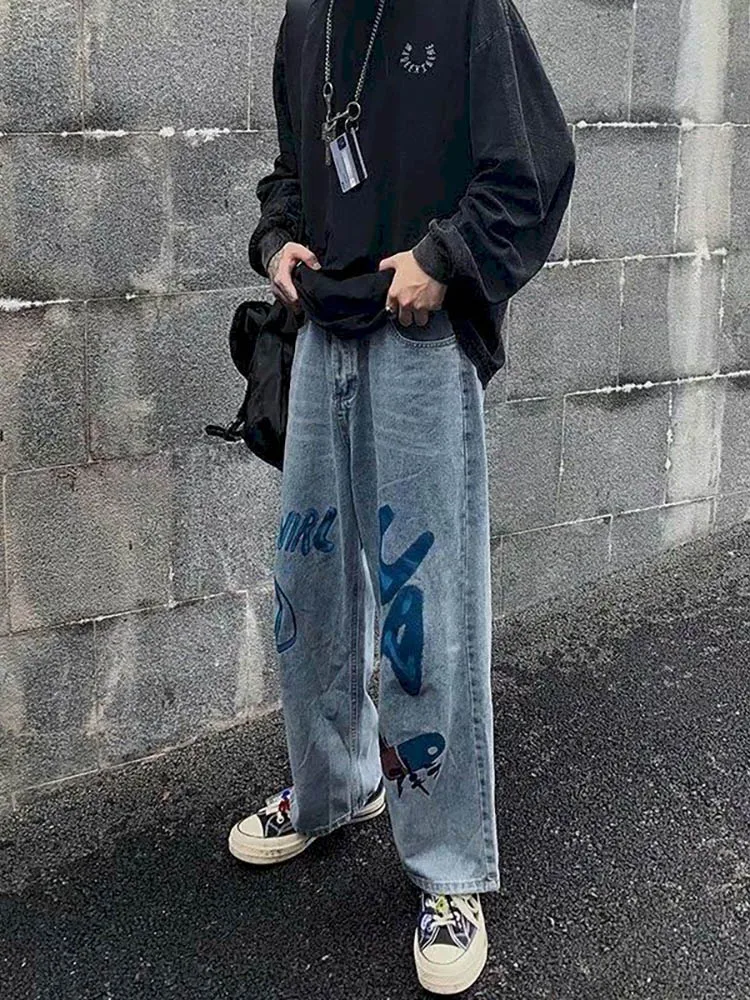 Calças de Cintura Calças de Brim Larga em Linha Nicemix Anime Alta Femininas Sweatpants Perna Reta Tamanho Grande Casual Streetwear Calças Casal Tornozelo-comprimento 4 Moda Feminina