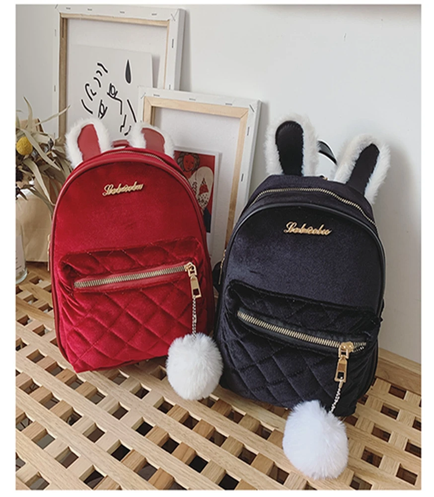 Детский рюкзак из золотистого бархата с заячьими ушками для малышей, рюкзак для школы, уличная сумка для маленьких девочек, бархатная сумка