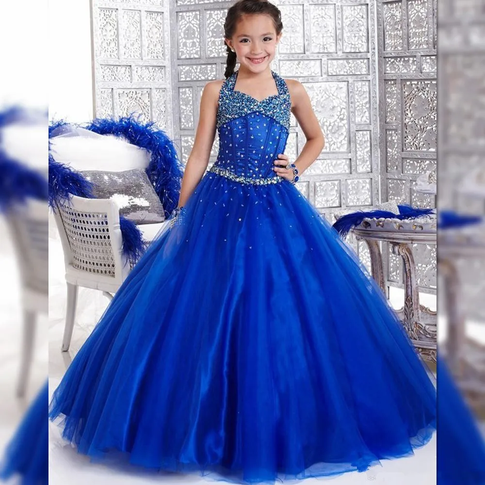 

Royal Blue Girls Pageant Dresses Ball Gown Halter Tulle Beaded Crystals Long Flower Girl Dresses For Weddings Little Girls