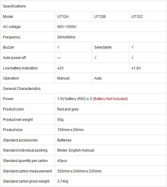 Uni-t UT12A/UT12B/UT12C детектор напряжения переменного тока 90 В~ 1000 В Бесконтактное напряжение карандаш вибрирующий индикатор
