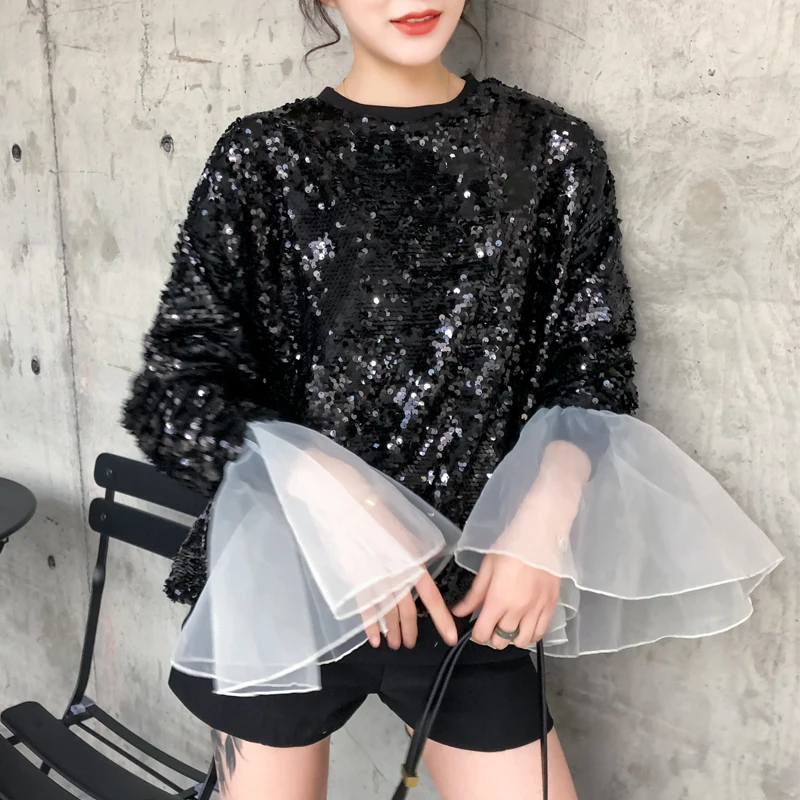 WHITNEY WANG Autumn Fashion Streetwear Colors Contrast Flare Sleeve Sequins Sweatshirt Women Hoodies Pullover