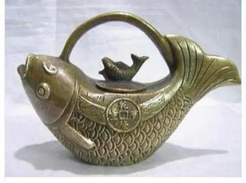 

Chinese excellent tibet brass Hand carved fortune-fish Teapot