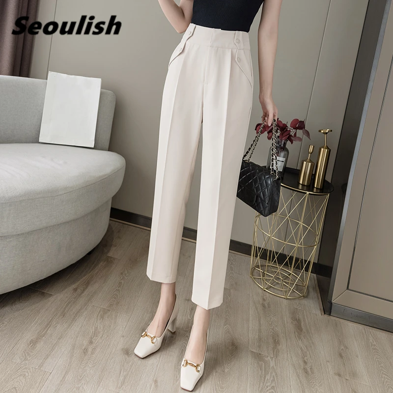 

Seoulish 2021 New Formal Women's Harem Pants Spring Summer Buttons High Waist Female Workwear Elegant Ankle Length Trouses