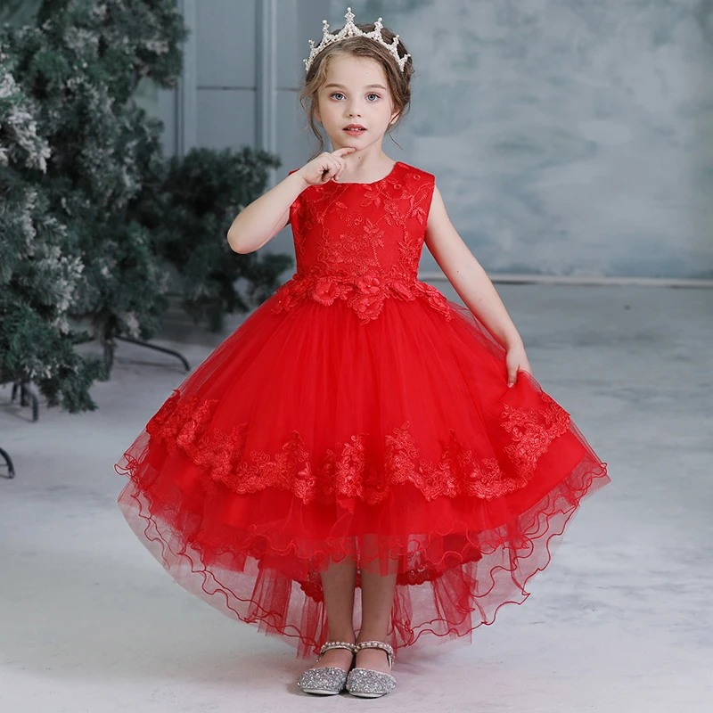 Новогоднее красное кружевное платье с цветочным узором для Девочек Свадебное бальное платье с тянущимся подолом платье-пачка торжественная Праздничная Детская одежда Vestido для девочек - Цвет: 1