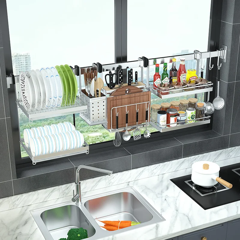 Kitchen window racks wall-mounted sill dish rack drain rack hanging knife holder storage rack 304 stainless steel