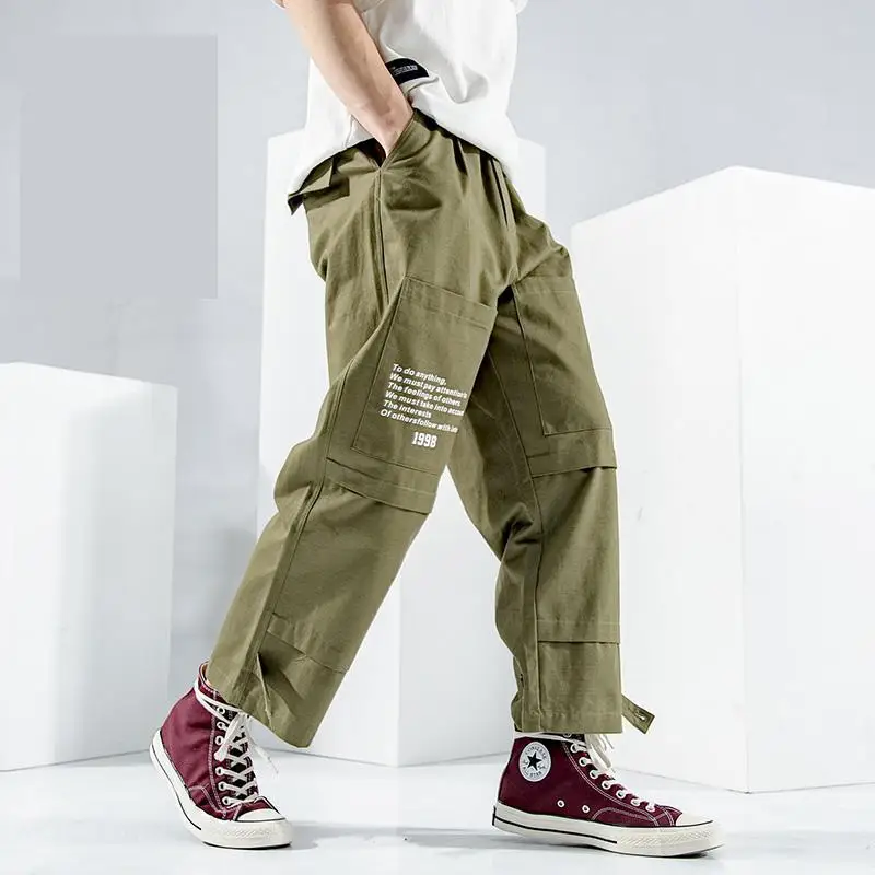 Army Green Свободные широкие трендовые комбинезоны мужские осенние дикие девять брюки студенческие прямые повседневные брюки - Цвет: Army Green