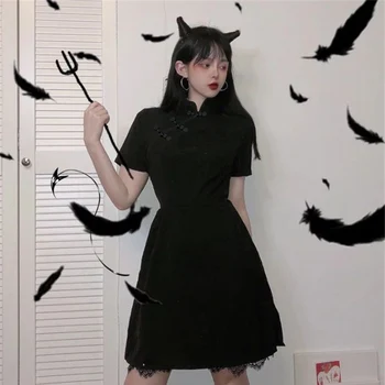W japońskim stylu Harajuku w stylu Vintage Gothic Lolita sukienki czarny szczupła chiński styl suknia w stylu qipao tanie i dobre opinie WOMEN SHORT kostiumy Sukienki Lolita