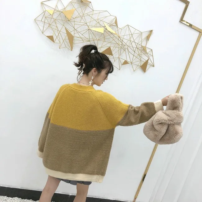 Neploe Pull Jumpers Осень Зима Женский вязаный кардиган контрастный цвет свитер пальто v-образный вырез негабаритная трикотажная куртка 54702