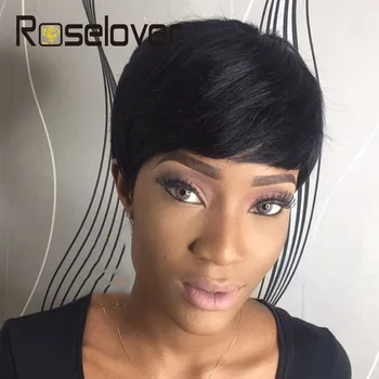 

Natural Black Color Pixie Cut Wig Human Hair Straight Bob Short Human Hair Wigs With Bangs Remy Hair For Black Women Cheap