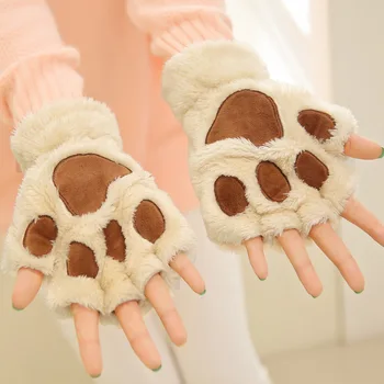 

YGYEEG Fingerless Gloves Women Winter Knitted Cute Cat Claw Paw Plush Mittens Black Beige Glove Warm Cashmere Gloves For Female