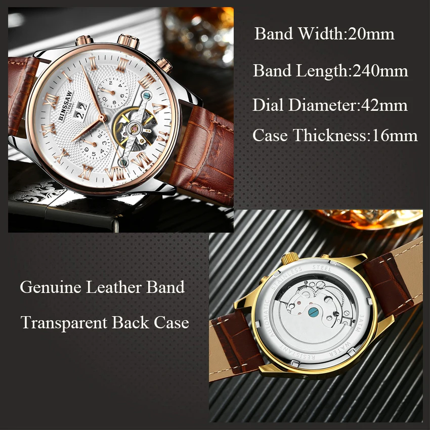 Mechanical Watch KINYUED Men watch Skeleton Mechanical Leather Strap mechanical watch business watch link