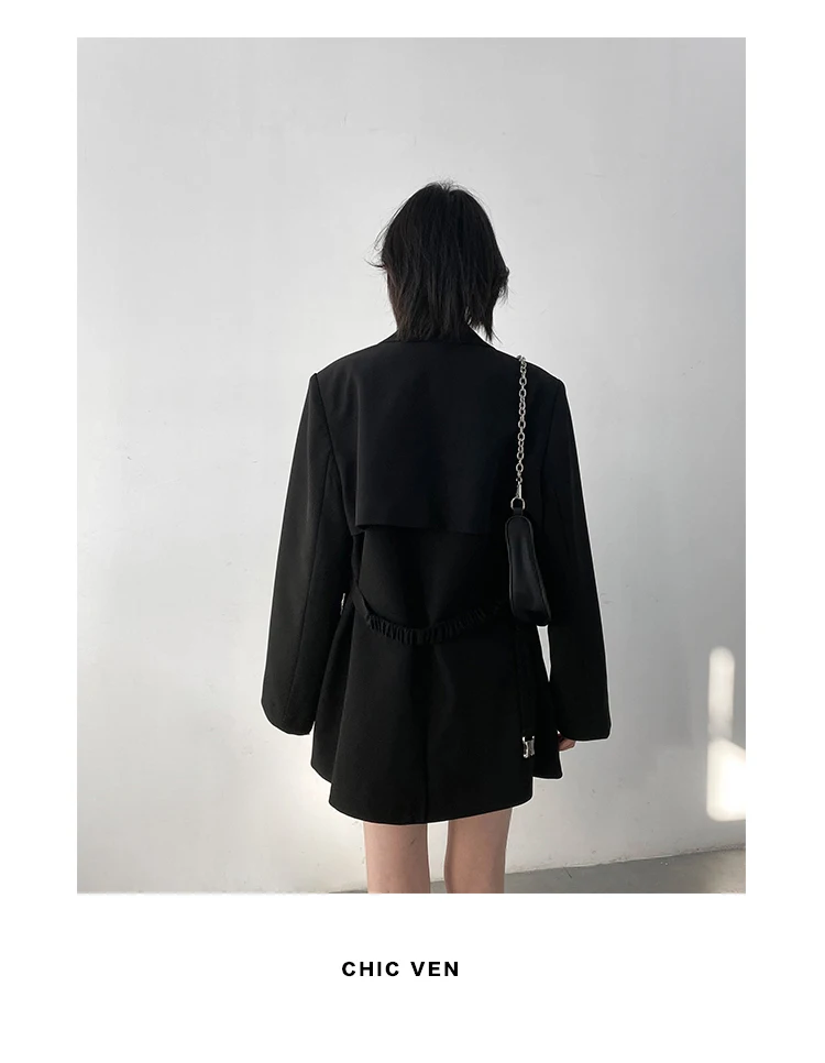 CHIC VEN Women Blazer Black Solid Belt Long Sleeve Casual