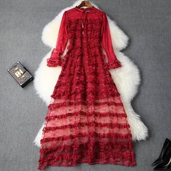 

European and American women's clothing 2019 winter new style Trumpet sleeve long sleeve Lace cake with fashionable dress