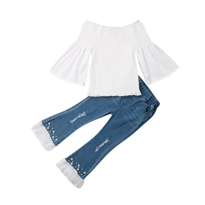 

Kids Girls Autumn Clothes Set Casual Infant Baby Girl Flare Sleeve T-Shirt Ruffle Tops Bell Bottom Long Denim Pants Kids Outfits