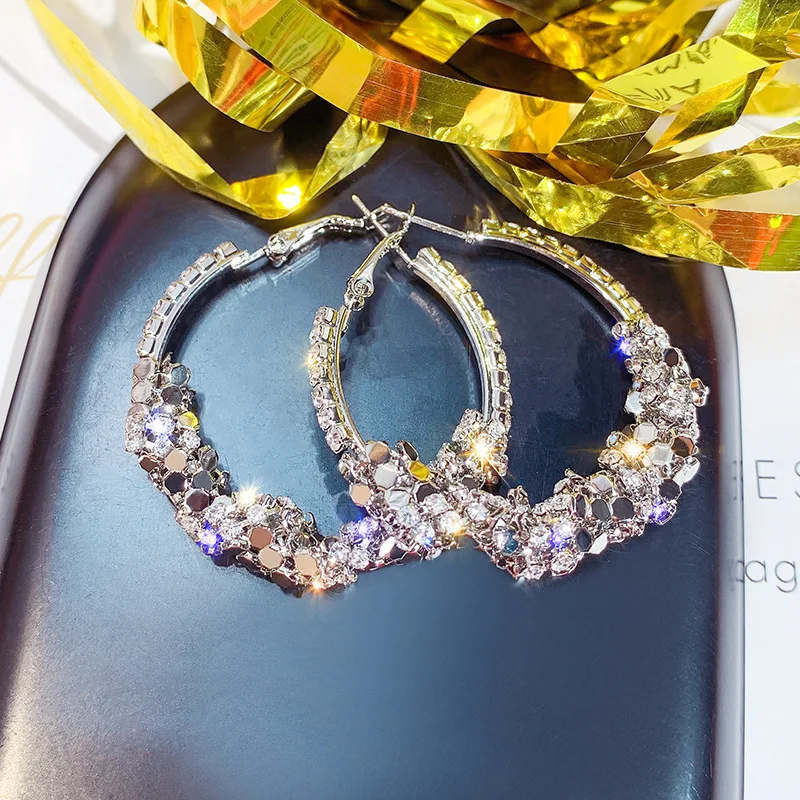 

Fashion Women Jewelry Multilayer Round Hoop Korean Earrings Shining Gold Silver Color Rhinestone Earrings for Wedding Party