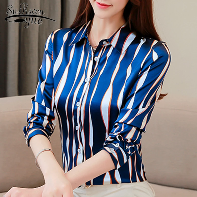 

Women's Silk Shirt Stripe Long Sleeve Fashion 2019 blouses women dames blouses lange mouwen Office Lady blusa feminina 7050 50